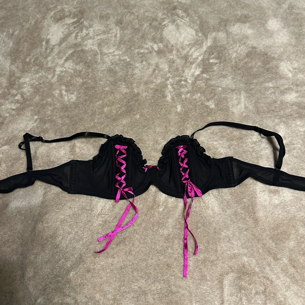 Widow Black Bra with Pink Lace-Up Detail